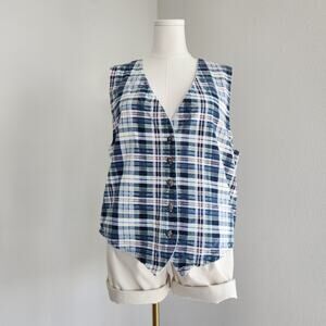 90s Vintage Cherokee Red White Blue Plaid Cotton Vest Button Front Grunge L